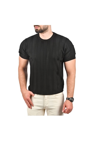 Deepsea Erkek Siyah Dar Kesim Pamuklu Triko Tişört Slim Fit Nefes Alan Bisiklet Yaka Tişört 2504348 Siyah