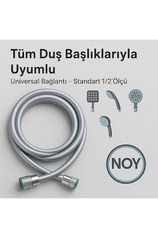 Duş Başlığı Uyumlu Gri Pvc Duş Hortumu 1,5 Metre Universal Esnek Dayanıklı Krom Bağlantılı Hortum Gri