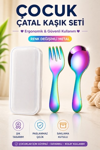 Mavi Renk Premium Çocuk Paslanmaz Çelik Uçlu Çatal-kaşık Set 24+ Ay