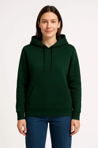 Kadın 3 İplik Pamuklu Kapüşonlu Kanguru Cepli Sweatshirt Hoodie - Haki