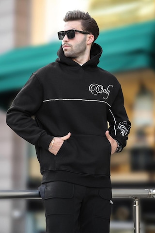Madmext Siyah Kapüşonlu Şerit Detaylı Baskılı Erkek Sweatshirt 7091 Siyah