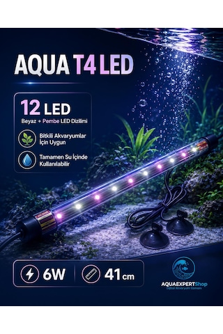 Aqua Akvaryum Işığı - Bitki Işığı - Balık Işığı - Tamamen Su İçinde Kullanılabilir - 12 Led - Pembe Beyaz - 41 Cm - Güçlü Aydınlatma - 6w
