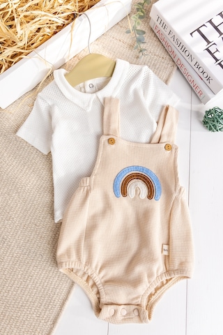 Babymod Gök Kuşaklı 100% Pamuk Erkek Bebek Salopet Yazlık Tulum Bej