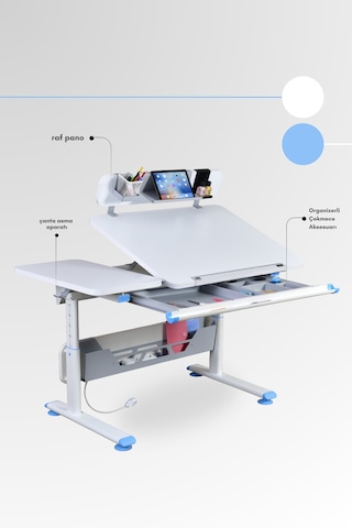 Vega Standart Yükseklik Ve Eğim Ayarlı, Çekmeceli Ergonomik Bilgisayar, Ofis Ve Çalışma Masası Mavi Gri
