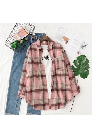 Pembe Qooth Kadın Sonbahar Kış Fırçalanmış Ekose Bluz Retro Zarif Gevşek Uzun Kollu Gömlek Ceket Qt1910 Pembe