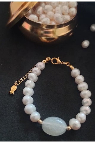 24k Altın Kaplama Gerçek İnci Sedefli Akrilik Detaylı Bileklik Be