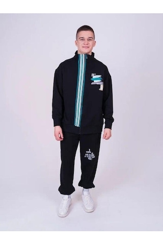 Erkek Çocuk Dik Yaka Fermuarlı Çizgi Detaylı Teenage Hırka-13544 Siyah