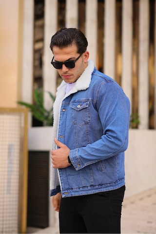 E-fendi Erkek Kürklü Denim Kot Mont Kışlık Sıcak Ve Şık Dış Giyim Mavi - Bej