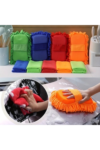 Honeybeeshop 6 Adet Mikrofiber Araba Yıkama Seti Yeşil Chenille Sünger 5 Havlu Süper Emici Çiziksiz