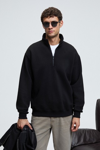 Grimelange BAXTER Erkek Dik Yakalı Fermuarlı Relaxed Siyah Sweatshirt