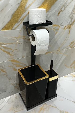 3'ü 1 Arada Banyo Seti Tuvalet Kağıtlık, Çöp Kovası Ve Tuvalet Fırça Takımı Altın - Siyah