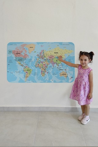 Türkçe Eğitici Ülke Ve Başkent Okyanus Detaylı Atlası Dünya Haritası Duvar Sticker -85x130-3869 Çok Renkli