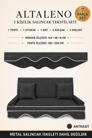 Zishtekstil Keten Kumaş Süngerli Gölgelikli 3 Kişilik Salıncak Minderi 8 Cm Antrasit
