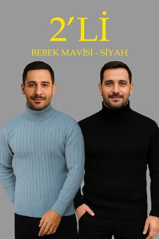 Tarzyeri Erkek Fitilli Kazak Tam Boğazlı Balıkçı Yaka Triko 2'li Set Bebek Mavisi-siyah Yeşil