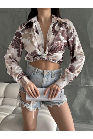 Kadın Oversize Ekru Renk Kahve Çicek Detaylı Saten Gömlek-kahve Kahve