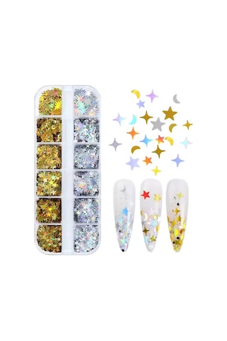 Holografik Gold Gümüş Ay Ve Yıldızlar Tırnak Süsleme Folyo Pulları Mix Nail Art