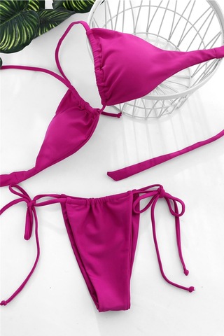 Moda Dua Kadın Fuşya Yandan Bağlamalı Tangalı Üçgen Bikini Mayo Takımı