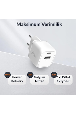 Juo 20W GaN USB-C + USB-A Şarj Aleti iPhone & iPad & Android Uyumlu PD QC4.0 Type-C Hızlı Şarj Cihazı Beyaz