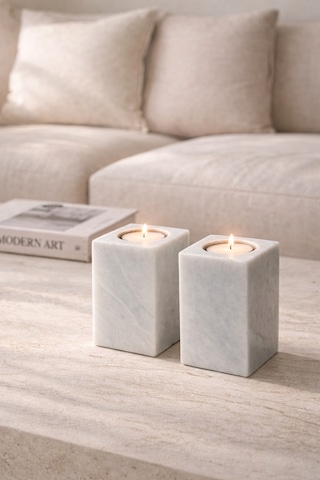 Doğal Mermer Mumluk 2 Li Set 10x6 Cm El Yapımı Kare Tealight Mumluk Beyaz