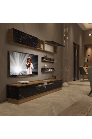 Decoraktiv Trendstyle 5220s Mdf Tv Ünitesi Tv Sehpası - Pera Siyah Mermer Safir Meşe - Royal Mermer