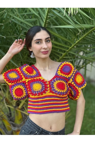 Gönülden Tasarım El Örgüsü Etnik Kadın Crop Bluz Turuncu