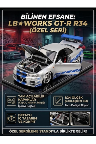 Hobbiez Lisanslı Nissan Skyline R-34 Model Diecast Car 1/24 Ölçek Metal Standlı Araç