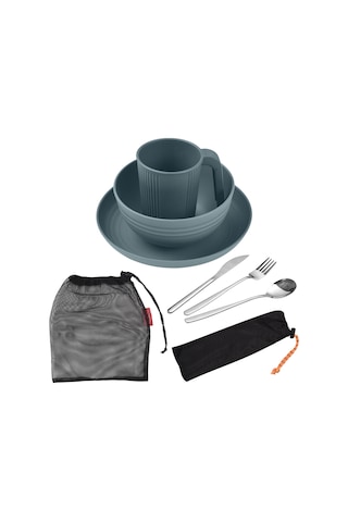 Samdoo Mavi 1 Kişilik Kamp Malzemesi: Buğday Samanı Tabak, Kase, Bardak Ve Paslanmaz Çelik Beste Bıçak, Kaşık, Çatal - Outdoor Piknik Yemeği Seti Mavi