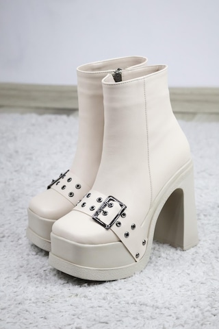 Asmi Shoes Kadın Latina 12 Cm Platform Topuklu Fermuarlı Bot Krem Cilt Krem