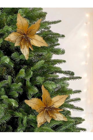 Yılbaşı Ağacı Dekor Süsü Simli Ata Çiçeği Altın 20 Cm