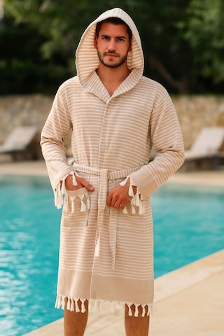 Kapşonlu Unisex Peştemal Plaj Bornozu %100 Pamuklu Seaside Stripe Kahverengi