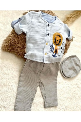 Minaz Baby Şapkalı Üçlü Takım Mavi - Gri