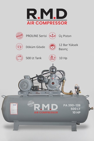 R.m.d Kompresör Pistonlu Hava Kompresörü 500 Lt 3 Kafa 12 Bar 10 Hp I Paı390ı12b
