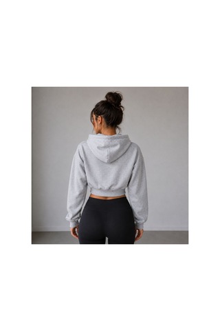 Herkesemoda Kadın Grimelanj Fermaurlı Kapüşonlon 2 İplik Şardonlu Crop Sweatshirt Gri