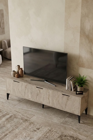 Reyo Falez Royal Tv Sehpası 160 Cm Tv Ünitesi Kapaklı Modern Şık Minimal Salon Konsolu 5092 Traverten