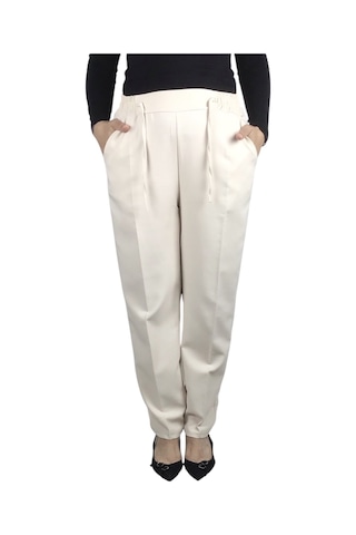 Kadın Beli Lastikli Boru Paça Pantolon Krem