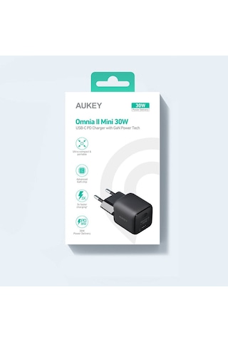 Aukey PA-B1L-BK 30 W Omnia Mini Gan Type-C PD Şarj Adaptörü - Siyah