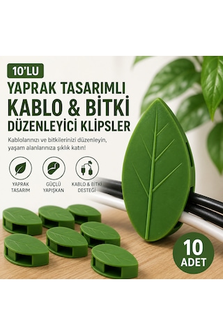 10'lu Yaprak Tasarımlı Yapışkanlı Kablo Düzenleyici Ve Sarmaşık Bitki Sabitleme Klipsi
