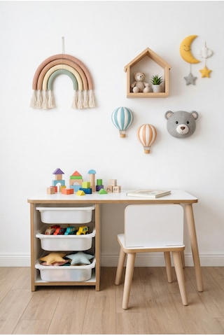 Çocuk Masa Sandalye Takımı 90x45 Cm 3 Sepetli Çocuk Çalışma Masası Aktivite Masası Yaz-sil Beyaz