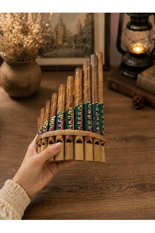 Pan Flüt El Yapımı Bambu Üflemeli Müzik Aleti 10'lu 24 X 13 Cm Otantik Dekoratif Enstrüman