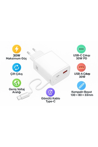30w Gan Hızlı Şarj Cihazı Usb-a Usb-c Çıkışlı, Entegre Kablolu