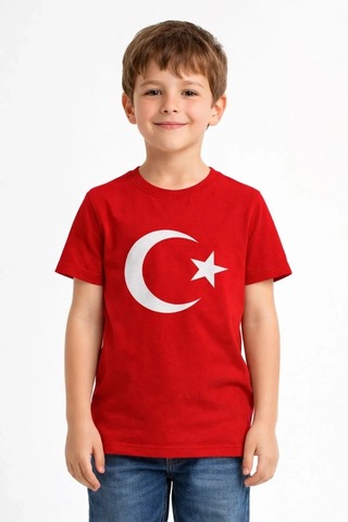 Mzpkartan Erkek Çocuk Tişört Bisiklet Yaka Ay Yıldız Bayrak Baskılı T-shirt - Kırmızı