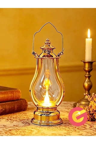 Retro Alev Efektli Led Lamba Pilli Gaz Lambası Modeli Kandil Atmosfer Dekoratif Ramazan Yılbaşı Aydınlatma Altın