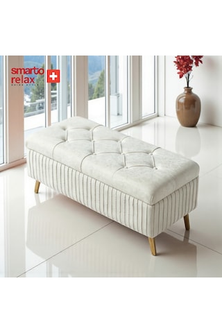 Smarto Relax Swiss Style Puf , Appenzell Kapitone Sandıklı Puf, Babyface Kaplama, 100x40x45 Cm, Ahşap Ayaklı ,sandıklı Dekoratif Puf Ekru Bej