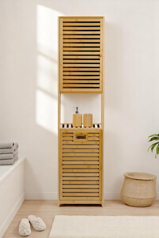 Digithome Bambu Kirli Sepetli 1 Raflı Kapaklı Banyo Dolabı Banyo Düzenleyici Çamaşır Sepeti Organizer Db-0010 Kahverengi