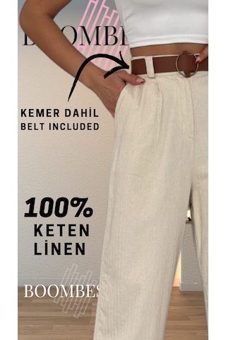 Ham Keten Kemerli Beli Lastikli Gabardin Palazzo Kadın Pantolon Natural Keten Bej