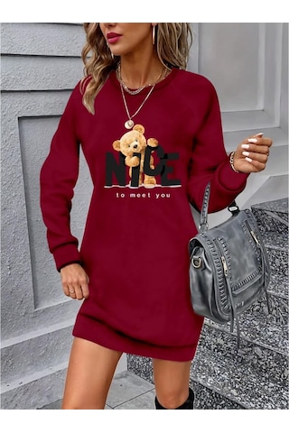 Kadın Uzun Kollu Bisiklet Yaka Ayı Desenli Viskon Iki Iplik Elbise Bordo