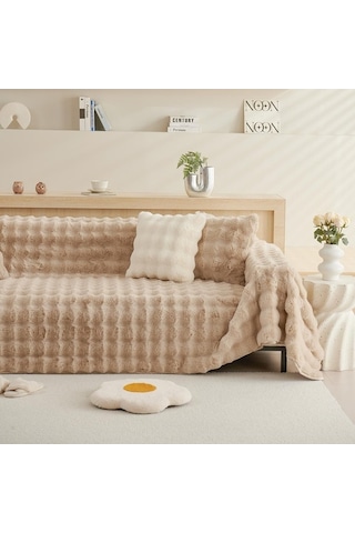 Novahub Kış Yumuşak Tavşan Peluş Kanepe Havlusu, Modern Düz Renk Açık Kahve Örtü Açık Kahve