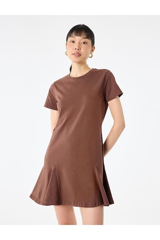 Koton Pamuklu Slim Fit Bisiklet Yaka Kısa Kollu Volümlü Mini Tişört Elbise Kahverengi 6sak80200ek Kahve