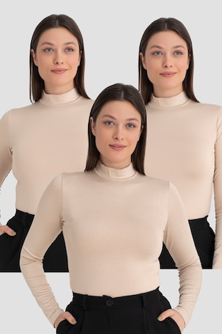 Arma Yıldız Kadın Ten Balıkçı Yaka Uzun Kollu Body 3 Adet Ten