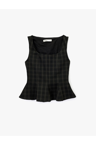 Koton Kare Yaka Kolsuz Ekose Peplum Bluz Siyah Ekose 7wak30001pw Siyah Ekoseli